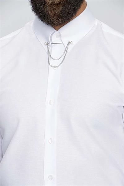 Slim Fit %100 Pamuk Yaka Zincirli Uzun Kollu Beyaz Gömlek GK 647