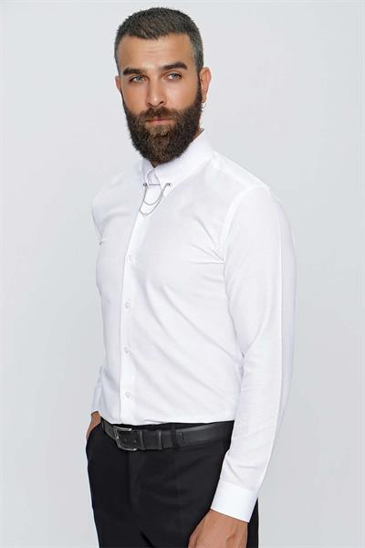 Slim Fit %100 Pamuk Yaka Zincirli Uzun Kollu Beyaz Gömlek GK 647