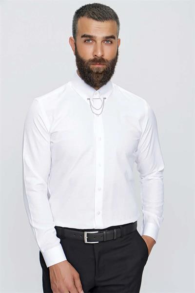 Slim Fit %100 Pamuk Yaka Zincirli Uzun Kollu Beyaz Gömlek GK 647