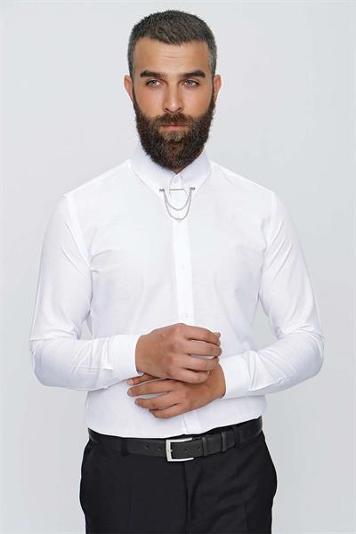 Slim Fit %100 Pamuk Yaka Zincirli Uzun Kollu Beyaz Gömlek GK 647