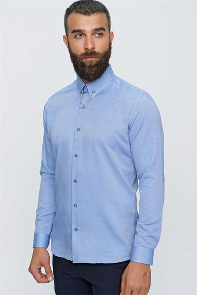 Slim Fit %100 Pamuk Yaka Zincirli Uzun Kollu Mavi Gömlek GK 647