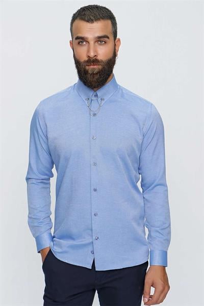 Slim Fit %100 Pamuk Yaka Zincirli Uzun Kollu Mavi Gömlek GK 647