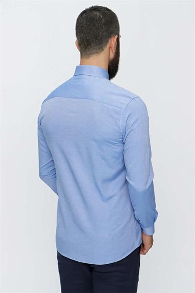 Slim Fit %100 Pamuk Yaka Zincirli Uzun Kollu Mavi Gömlek GK 647