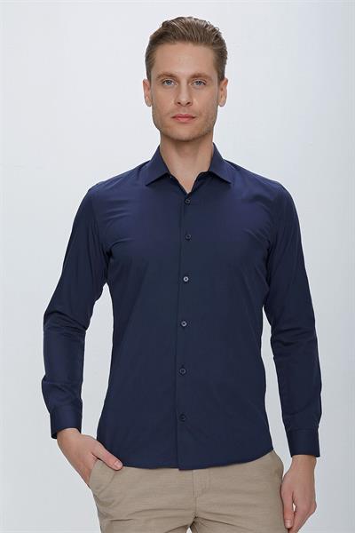 Slim Fit Kravat Yaka Pamuklu Uzun Kollu Lacivert Gömlek GK 649