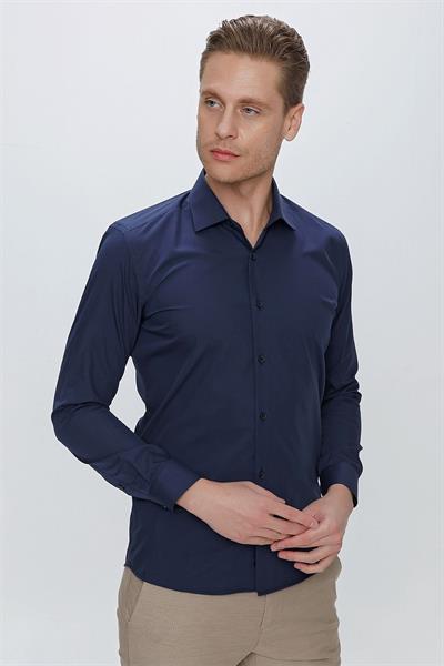Slim Fit Kravat Yaka Pamuklu Uzun Kollu Lacivert Gömlek GK 649