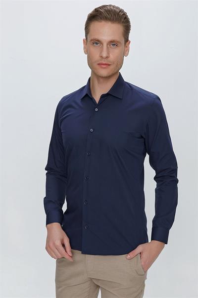 Slim Fit Kravat Yaka Pamuklu Uzun Kollu Lacivert Gömlek GK 649