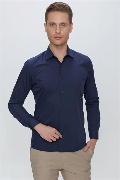 Slim Fit Kravat Yaka Pamuklu Uzun Kollu Lacivert Gömlek GK 649