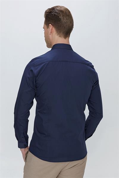 Slim Fit Kravat Yaka Pamuklu Uzun Kollu Lacivert Gömlek GK 649
