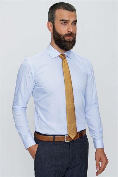 Slim Fit Kravat Yaka Pamuklu Uzun Kollu Mavi Gömlek GK 649