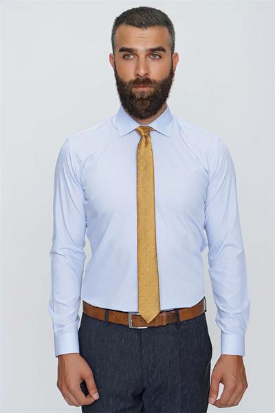 Slim Fit Kravat Yaka Pamuklu Uzun Kollu Mavi Gömlek GK 649