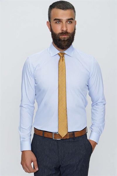 Slim Fit Kravat Yaka Pamuklu Uzun Kollu Mavi Gömlek GK 649