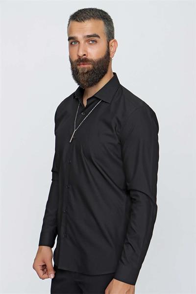 Slim Fit Kravat Yaka Pamuklu Uzun Kollu Siyah Gömlek GK 649