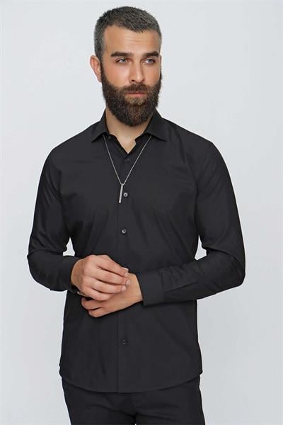 Slim Fit Kravat Yaka Pamuklu Uzun Kollu Siyah Gömlek GK 649