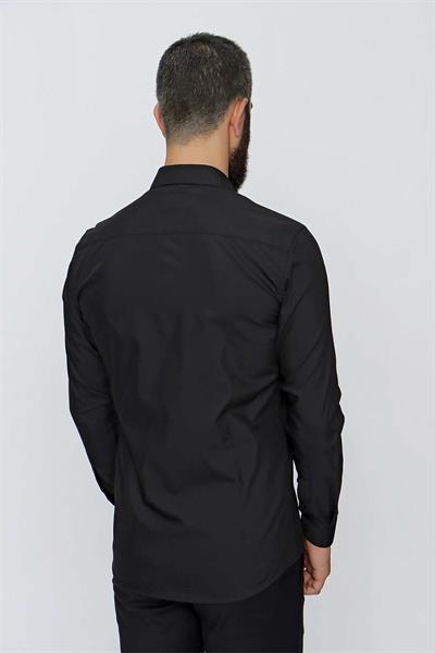 Slim Fit Kravat Yaka Pamuklu Uzun Kollu Siyah Gömlek GK 649