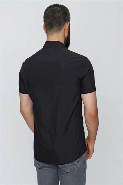 Slim Fit Önden Pensli %100 Pamuk Çıtçıtlı Kısa Kollulu Siyah Gömlek GK 659
