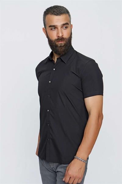 Slim Fit Önden Pensli %100 Pamuk Çıtçıtlı Kısa Kollulu Siyah Gömlek GK 659