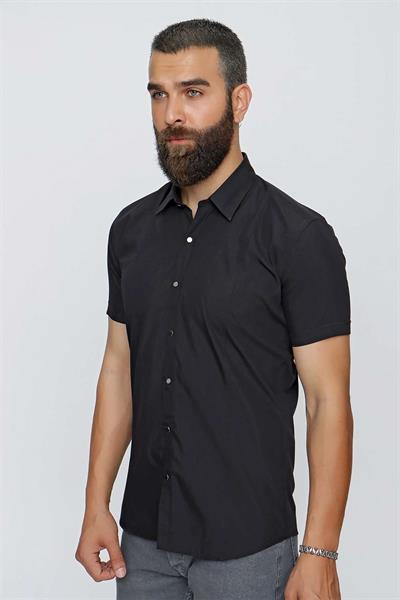 Slim Fit Önden Pensli %100 Pamuk Çıtçıtlı Kısa Kollulu Siyah Gömlek GK 659