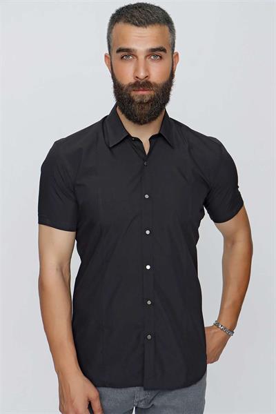 Slim Fit Önden Pensli %100 Pamuk Çıtçıtlı Kısa Kollulu Siyah Gömlek GK 659