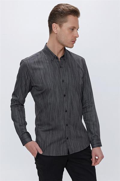 Slim Fit Petek Desenli Yaka Düğmeli %100 Pamuk Siyah Gömlek GK 661