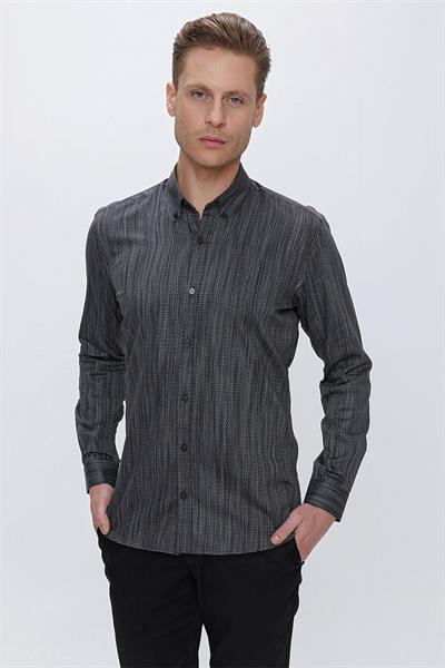 Slim Fit Petek Desenli Yaka Düğmeli %100 Pamuk Siyah Gömlek GK 661
