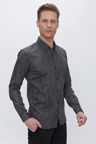 Slim Fit Petek Desenli Yaka Düğmeli %100 Pamuk Siyah Gömlek GK 661