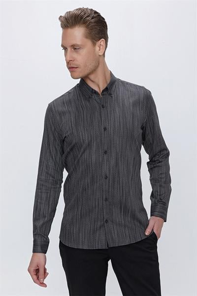Slim Fit Petek Desenli Yaka Düğmeli %100 Pamuk Siyah Gömlek GK 661