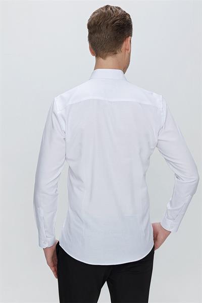 Slim Fit Yaka Zincirli ve Düğmeli Pamuklu Beyaz Gömlek GK 664
