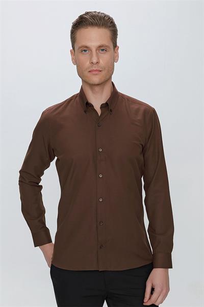 GK 664 Slim Fit Kahve Klasik Gömlek