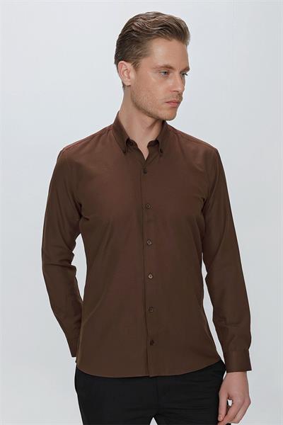 GK 664 Slim Fit Kahve Klasik Gömlek