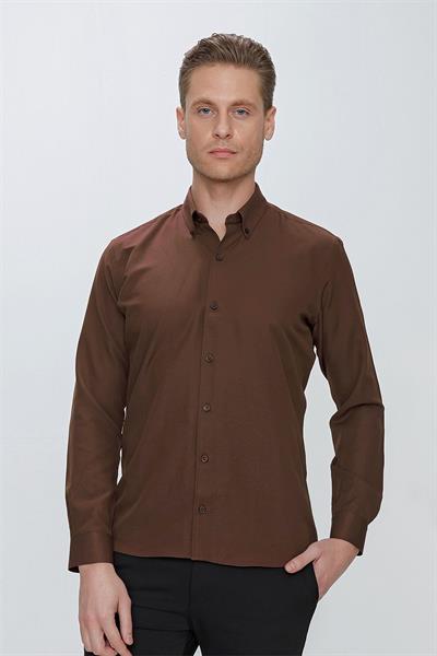 GK 664 Slim Fit Kahve Klasik Gömlek