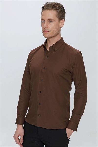 GK 664 Slim Fit Kahve Klasik Gömlek