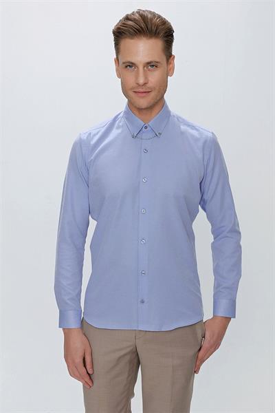 Slim Fit Yaka Zincirli ve Düğmeli Pamuklu Mavi Gömlek GK 664
