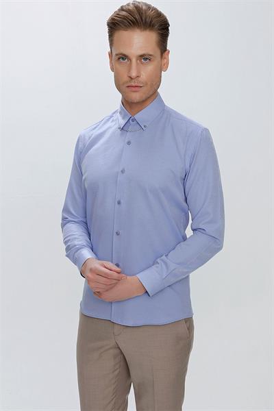 Slim Fit Yaka Zincirli ve Düğmeli Pamuklu Mavi Gömlek GK 664