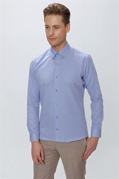 Slim Fit Yaka Zincirli ve Düğmeli Pamuklu Mavi Gömlek GK 664