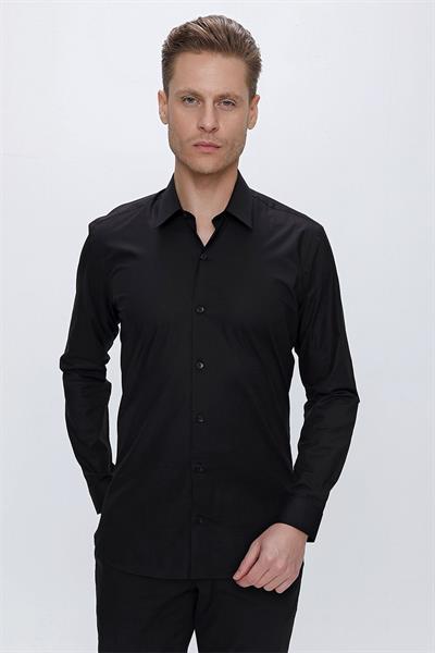 Slim Fit Doku Desenli %100 Pamuk Siyah Gömlek GK 665