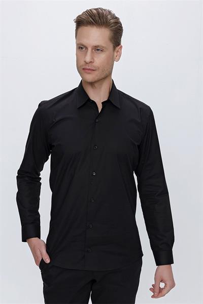 Slim Fit Doku Desenli %100 Pamuk Siyah Gömlek GK 665