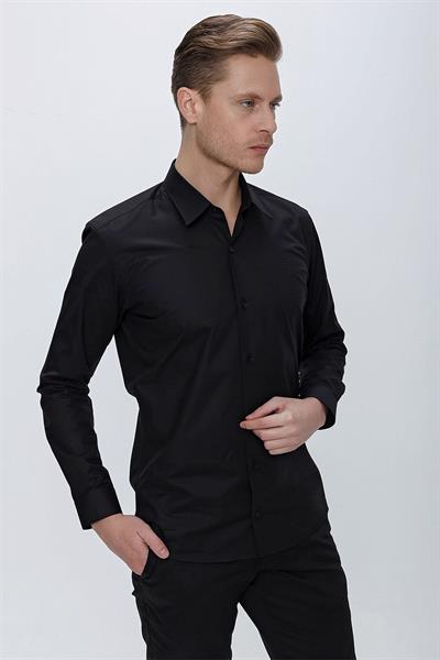 Slim Fit Doku Desenli %100 Pamuk Siyah Gömlek GK 665
