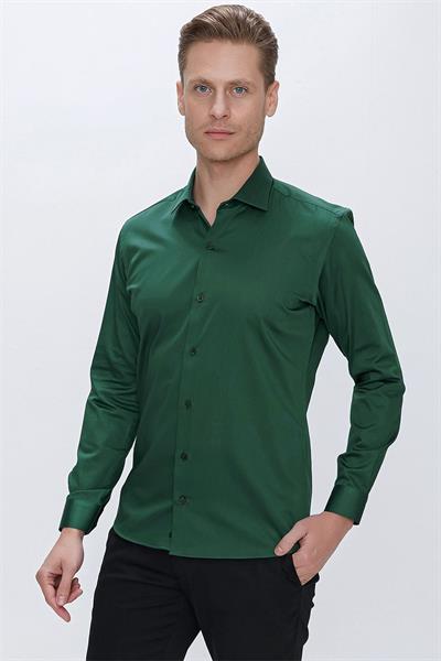 Slim Fit %100 Pamuk Kravat Yaka Düz Yeşil Gömlek GK 669