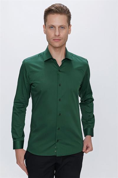 Slim Fit %100 Pamuk Kravat Yaka Düz Yeşil Gömlek GK 669