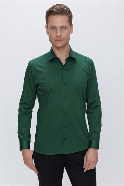 Slim Fit %100 Pamuk Kravat Yaka Düz Yeşil Gömlek GK 669
