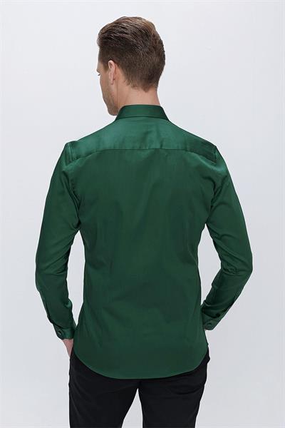 Slim Fit %100 Pamuk Kravat Yaka Düz Yeşil Gömlek GK 669