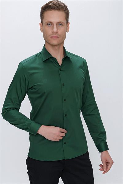 Slim Fit %100 Pamuk Kravat Yaka Düz Yeşil Gömlek GK 669