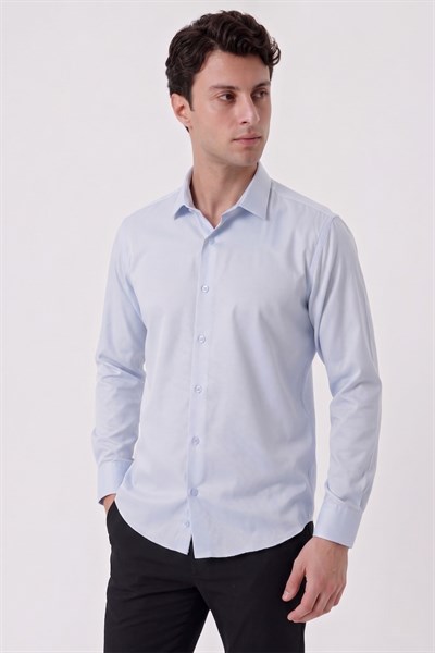Slim Fit Armürlü Pamuklu Uzun Kollu Mavi Gömlek GK 677