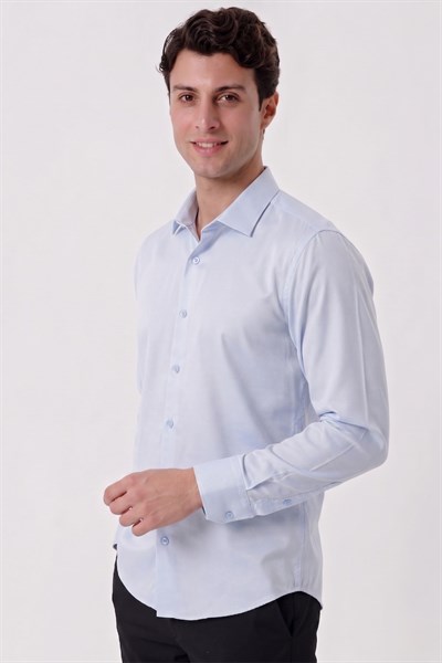 Slim Fit Armürlü Pamuklu Uzun Kollu Mavi Gömlek GK 677