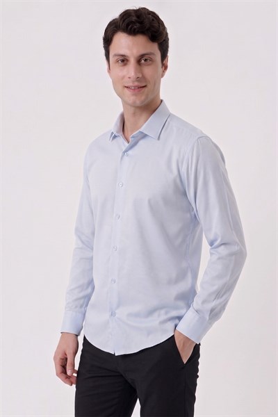 Slim Fit Armürlü Pamuklu Uzun Kollu Mavi Gömlek GK 677