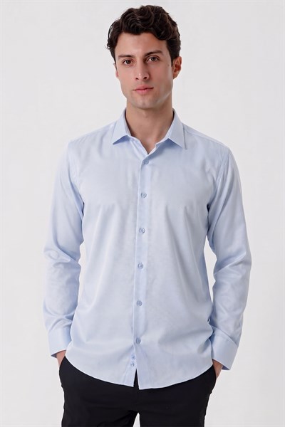 Slim Fit Armürlü Pamuklu Uzun Kollu Mavi Gömlek GK 677