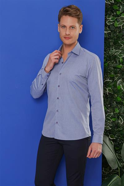 Slim Fit %100 Pamuk Dokulu Pamuklu Uzun Kollu Mavi Gömlek GK 680