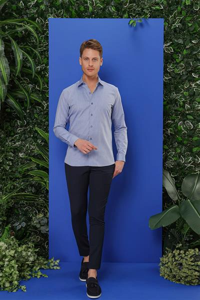 Slim Fit %100 Pamuk Dokulu Pamuklu Uzun Kollu Mavi Gömlek GK 680