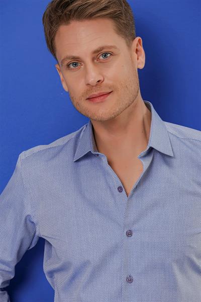 Slim Fit %100 Pamuk Dokulu Pamuklu Uzun Kollu Mavi Gömlek GK 680