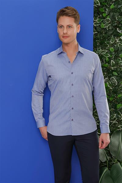 Slim Fit %100 Pamuk Dokulu Pamuklu Uzun Kollu Mavi Gömlek GK 680